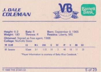 1989 Star Vero Beach Dodgers #5 J. Dale Coleman Back