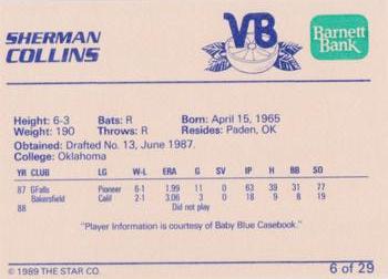 1989 Star Vero Beach Dodgers #6 Sherman Collins Back