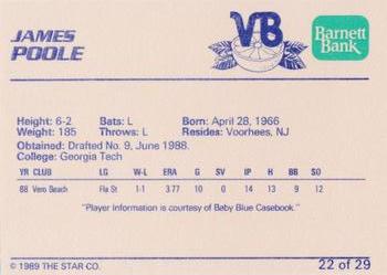 1989 Star Vero Beach Dodgers #22 James Poole Back