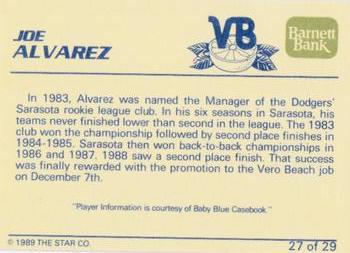 1989 Star Vero Beach Dodgers #27 Joe Alvarez Back