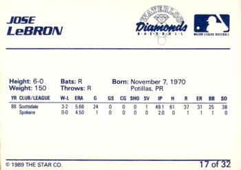 1989 Star Waterloo Diamonds #17 Jose LeBron Back