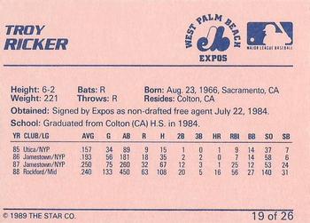 1989 Star West Palm Beach Expos #19 Troy Ricker Back
