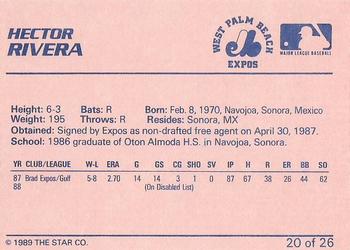 1989 Star West Palm Beach Expos #20 Hector Rivera Back