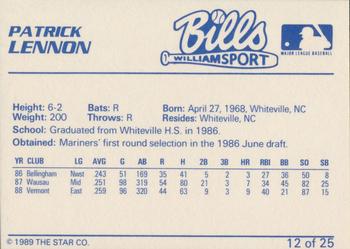 1989 Star Williamsport Bills #12 Patrick Lennon Back