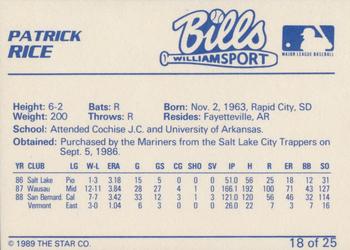 1989 Star Williamsport Bills #18 Patrick Rice Back