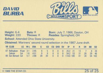 1989 Star Williamsport Bills #25 David Burba Back