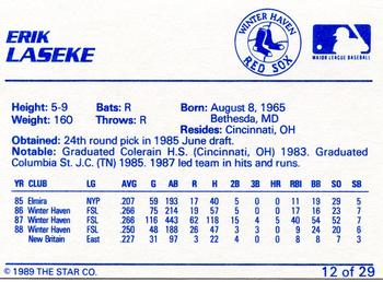 1989 Star Winter Haven Red Sox #12 Erik Laseke Back
