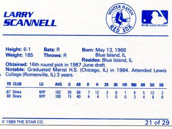 1989 Star Winter Haven Red Sox #21 Larry Scannell Back