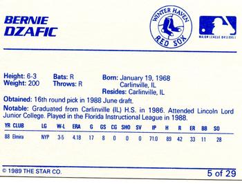 1989 Star Winter Haven Red Sox #5 Bernie Dzafic Back