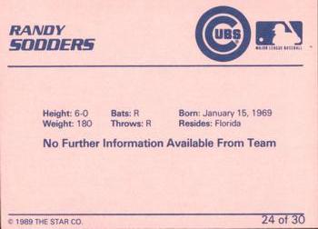 1989 Star Wytheville Cubs #24 Randy Sodders Back