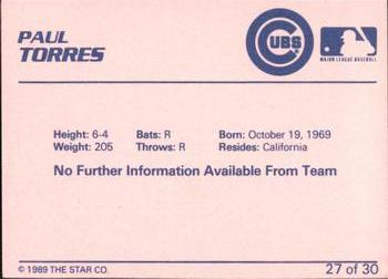 1989 Star Wytheville Cubs #27 Paul Torres Back