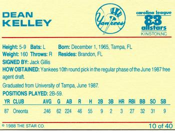 1988 Star Carolina League All-Stars #10 Dean Kelley Back
