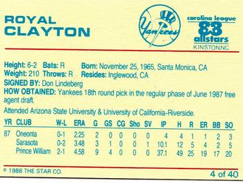 1988 Star Carolina League All-Stars #4 Royal Clayton Back