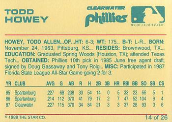 1988 Star Clearwater Phillies #14 Todd Howey Back