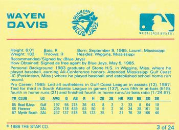 1988 Star Dunedin Blue Jays #3 Wayne Davis Back