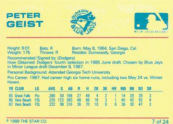 1988 Star Dunedin Blue Jays #7 Peter Geist Back