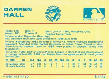1988 Star Dunedin Blue Jays #8 Darren Hall Back