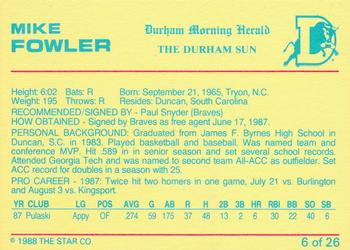 1988 Star Durham Bulls Orange Border #6 Mike Fowler Back