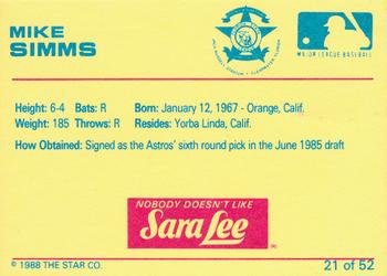 1988 Star Florida State League All-Stars #21 Mike Simms Back