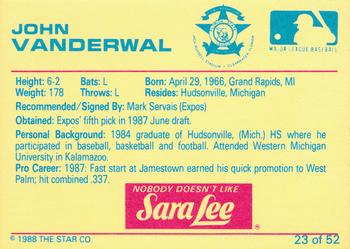 1988 Star Florida State League All-Stars #23 John Vander Wal Back