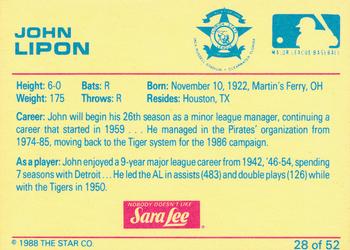 1988 Star Florida State League All-Stars #28 Johnny Lipon Back
