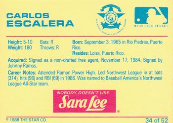 1988 Star Florida State League All-Stars #34 Carlos Escalera Back