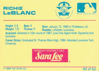 1988 Star Florida State League All-Stars #42 Richie LeBlanc Back