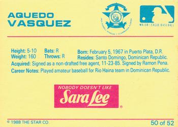 1988 Star Florida State League All-Stars #50 Aguedo Vasquez Back