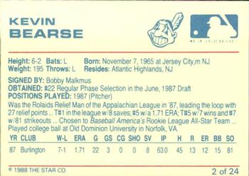 1988 Star Kinston Indians #2 Kevin Bearse Back