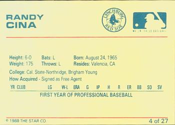 1988 Star Lynchburg Red Sox #4 Randy Cina Back