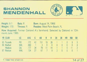 1988 Star Lynchburg Red Sox #14 Shannon Mendenhall Back