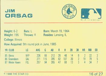 1988 Star Lynchburg Red Sox #16 Jim Orsag Back