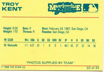 1988 Star Martinsville Phillies Red #20 Troy Kent Back