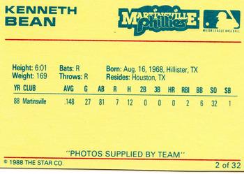 1988 Star Martinsville Phillies Red #2 Kenneth Bean Back