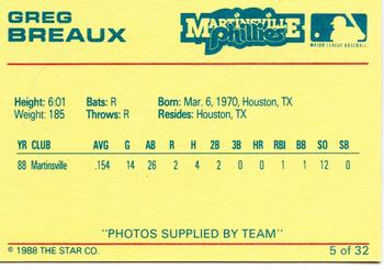 1988 Star Martinsville Phillies Red #5 Greg Breaux Back