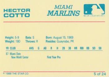1988 Star Miami Marlins #5 Hector Cotto Back