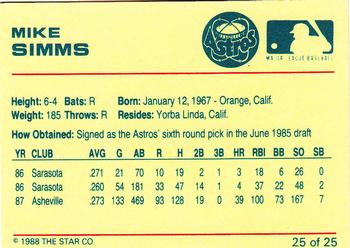 1988 Star Osceola Astros #25 Mike Simms Back