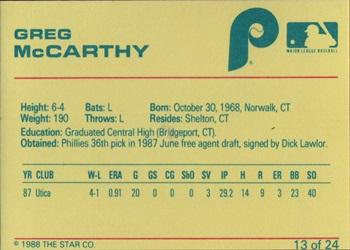 1988 Star Spartanburg Phillies #13 Greg McCarthy Back