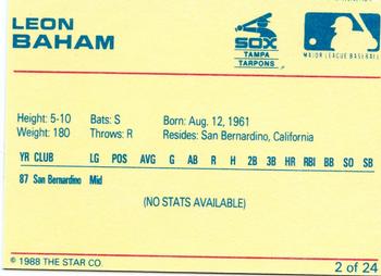 1988 Star Tampa Tarpons #2 Leon Baham Back