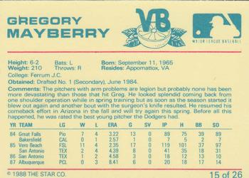 1988 Star Vero Beach Dodgers #15 Gregory Mayberry Back