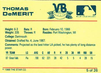 1988 Star Vero Beach Dodgers #5 Thomas DeMerit Back