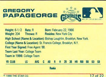 1988 Star Virginia Generals #17 Gregory Papageorge Back