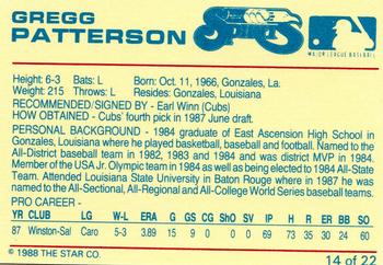 1988 Star Winston-Salem Spirits #14 Gregg Patterson Back