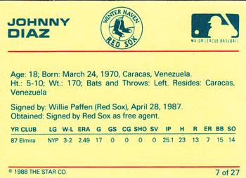 1988 Star Winter Haven Red Sox #7 Johnny Diaz Back