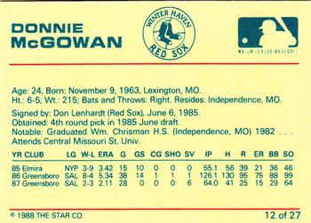 1988 Star Winter Haven Red Sox #12 Donnie McGowan Back