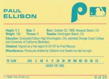 1988 Star Spartanburg Phillies - Blue #6 Paul Ellison Back