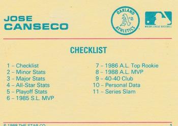 1989 Star Jose Canseco #1 Jose Canseco Back