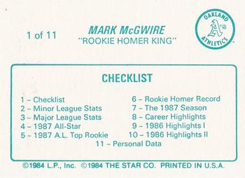 1988 Star Mark McGwire (Aqua) #1 Mark McGwire Back