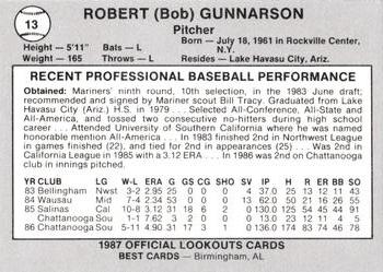 1987 Best Chattanooga Lookouts #13 Robert Gunnarson Back