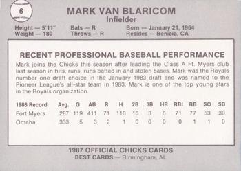 1987 Best Memphis Chicks #6 Mark Van Blaricom Back